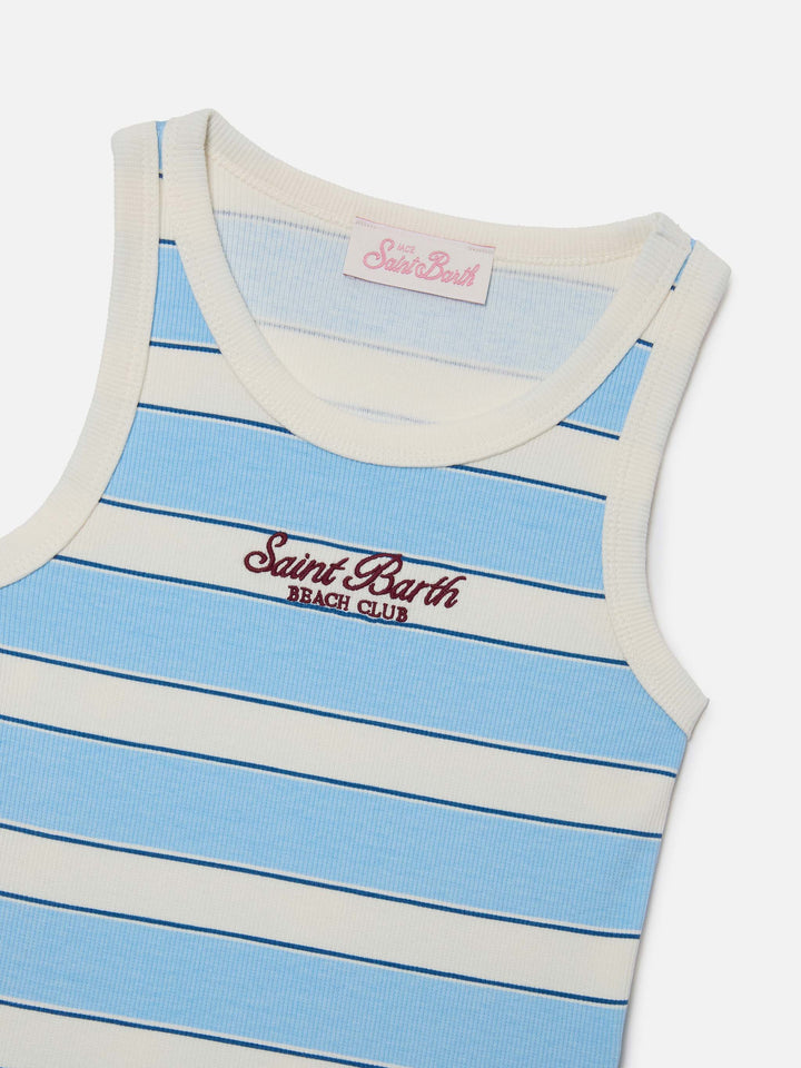 Blue Jr Tank-Top with light blue and cream stripes and embroidered logo