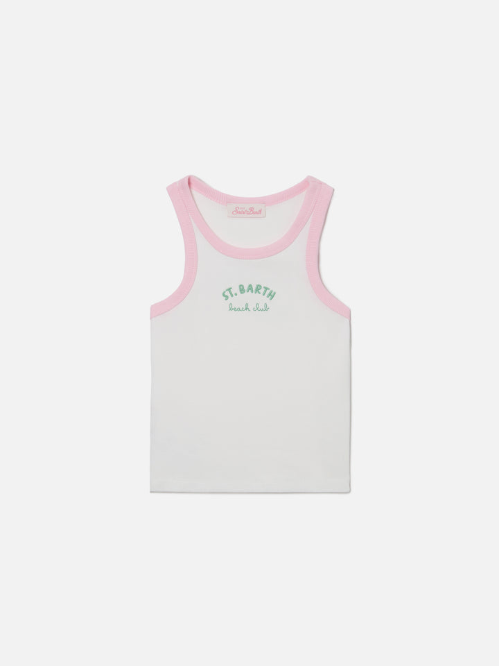 Blue Jr Tank-Top in white with embroidered logo and pink trims