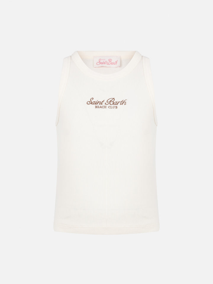 Blue Jr off-white rib-knit cotton crop tank with embroidery - MC2 Saint Barth