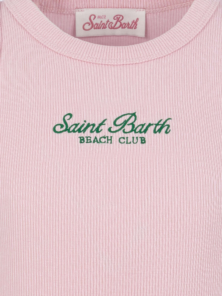 Blue Jr pink rib-knit cotton crop tank with embroidery - MC2 Saint Barth