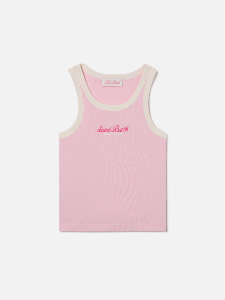 Top Blue Jr rosa con logo ricamato e profili panna