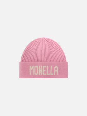 Pink Benjie beanie with Monella lettering