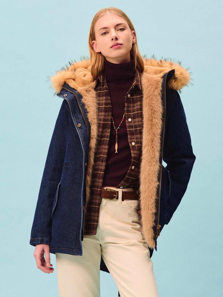 Blue Parka Brenna en denim de algodón con capucha de pelo sintético 