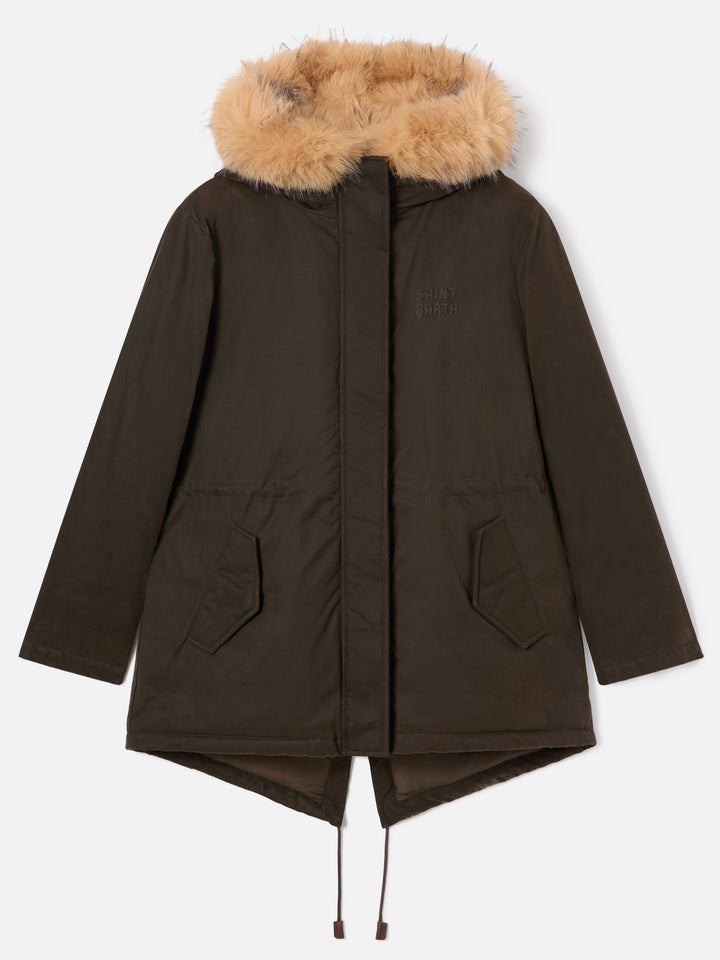 Military green Brenna cotton blend waxed parka with faux fur hood