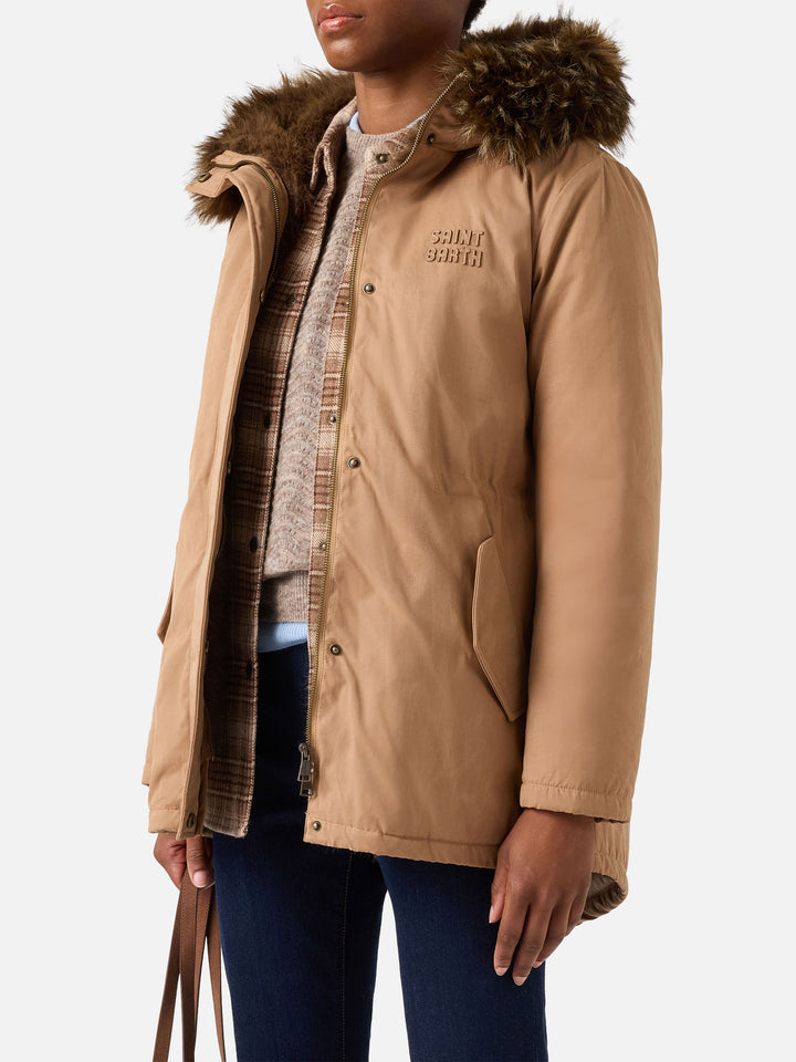 Beige Brenna cotton blend waxed parka with faux fur hood