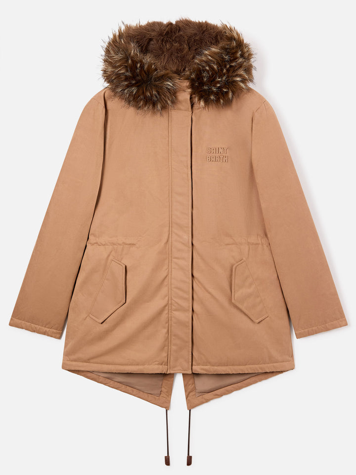 Parka Brenna beige in tessuto cerato di misto cotone con cappuccio in effetto pelliccia
