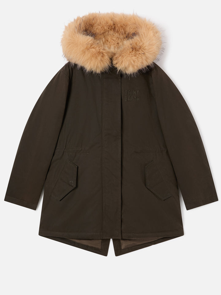 Parka encerada Brenna verde militar con capucha de pelo sintético 