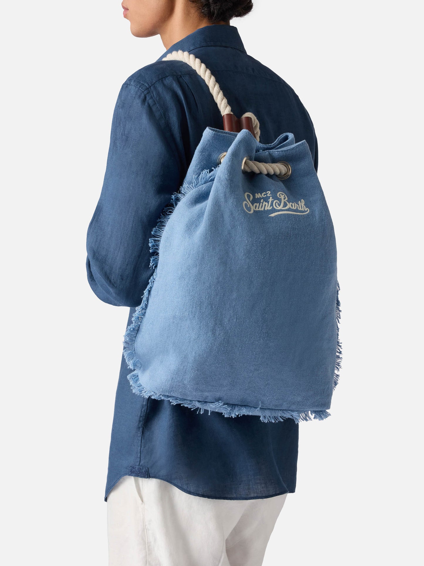 Boat blue linen backpack with printed logo
