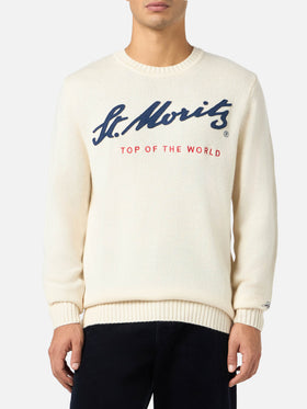 Man white sweater Bombardino with St. Moritz Top of the World print | ST. MORITZ TOP OF THE WORLD SPECIAL EDITION