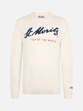 Man white sweater Bombardino with St. Moritz Top of the World print | ST. MORITZ TOP OF THE WORLD SPECIAL EDITION
