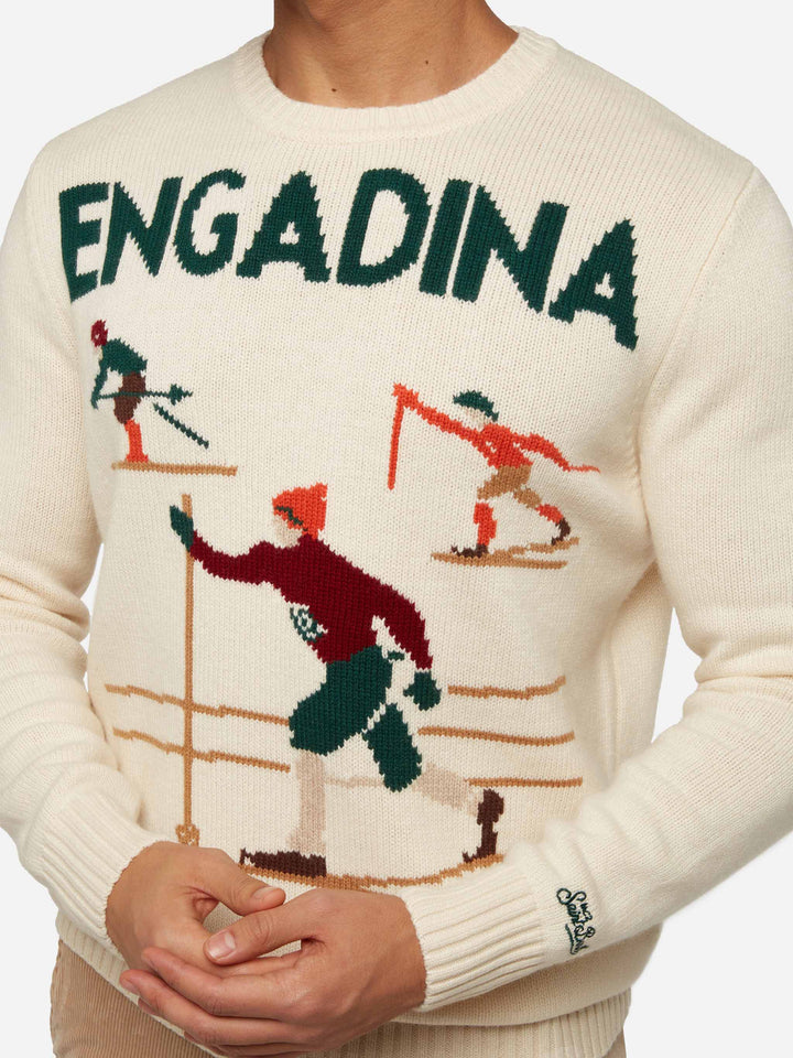 White sweater Bombardino Light with Engadina skiers jacquard - MC2 Saint Barth