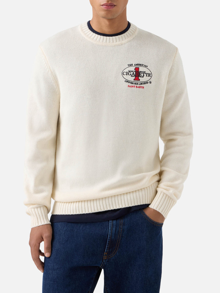 Pull en maille col rond Light Bombardino crème avec broderie Cigarette au dos | Special edition 