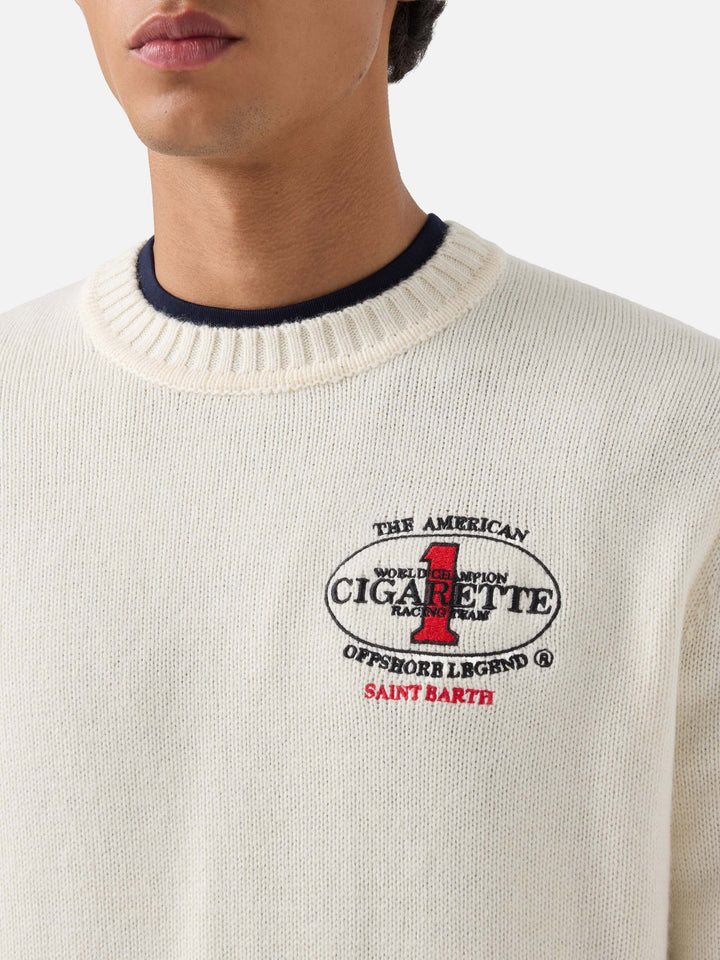 Pull en maille col rond Light Bombardino crème avec broderie Cigarette au dos | Special edition 