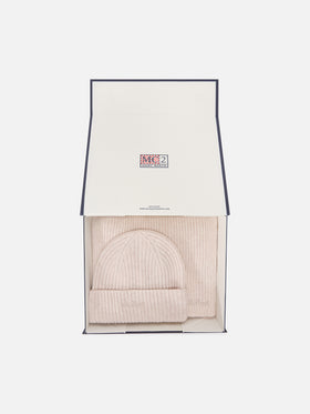 Beige cashmere beanie and scarf set