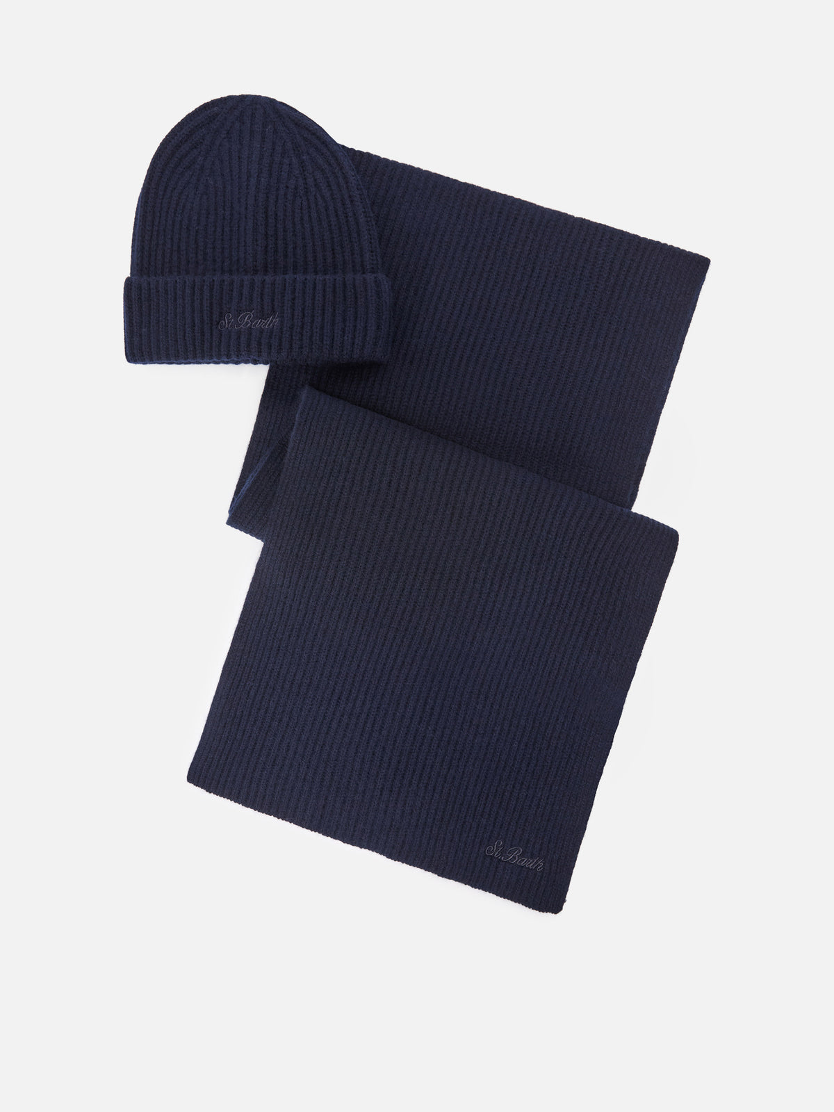 Set berretto e sciarpa blu navy in cashmere