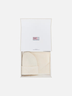 Ensemble bonnet en laine Off white et écharpe à capuche 