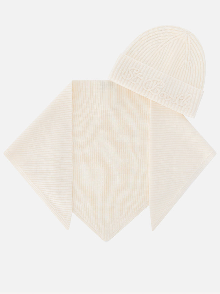 Conjunto de gorro de lana color off white y bufanda con capucha 