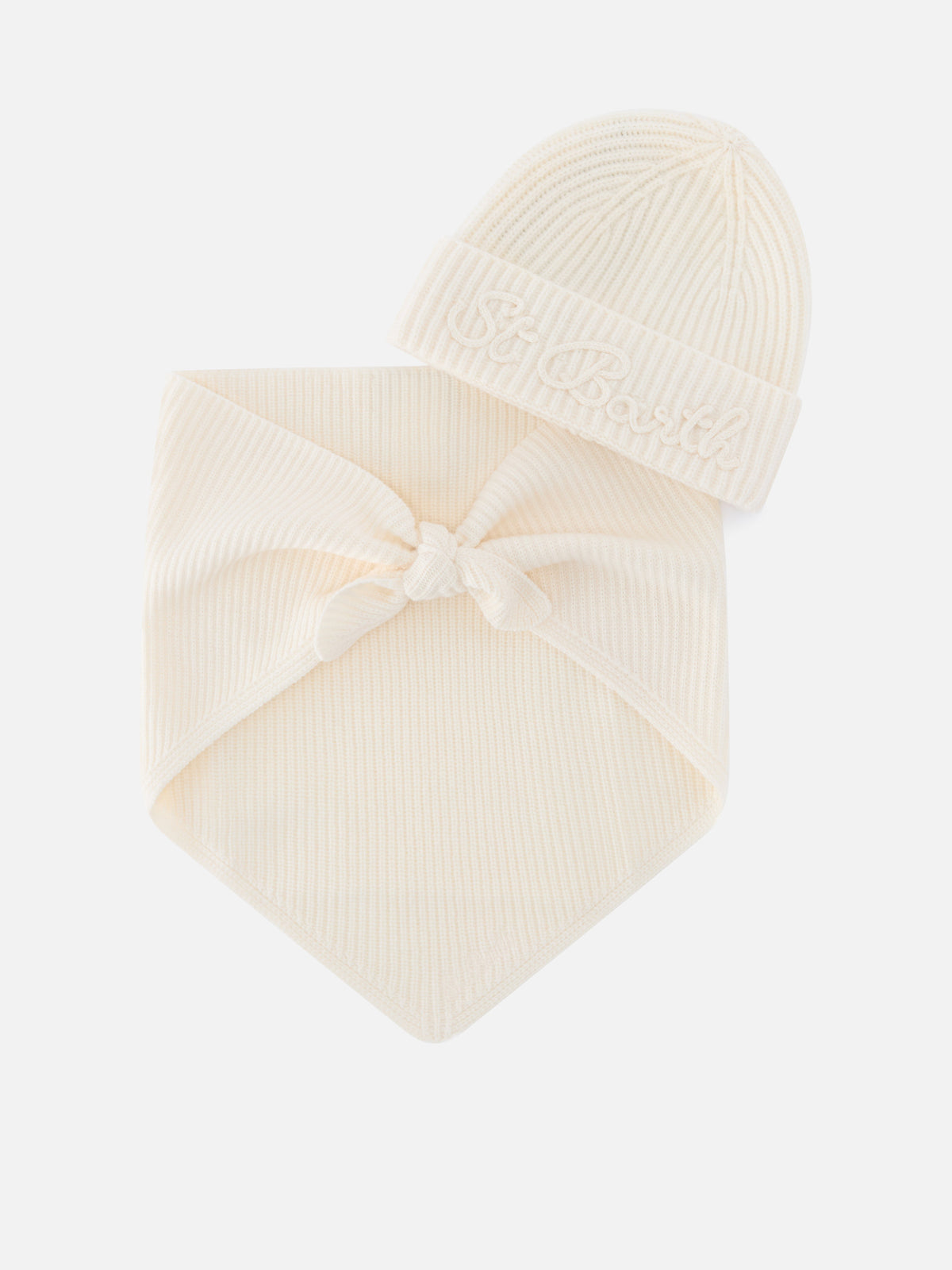 Ensemble bonnet en laine Off white et écharpe à capuche 