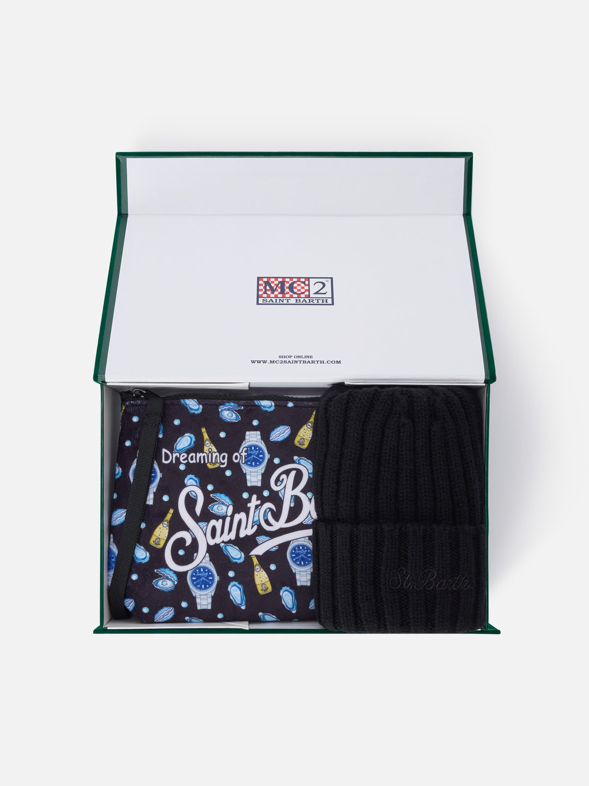 Set pochette con stampa ostriche e orologi e berretto nero