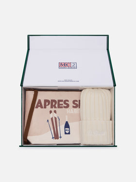 Set pochette con stampa Après Ski e berretto beige