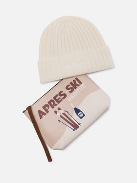 Set pochette con stampa Après Ski e berretto beige