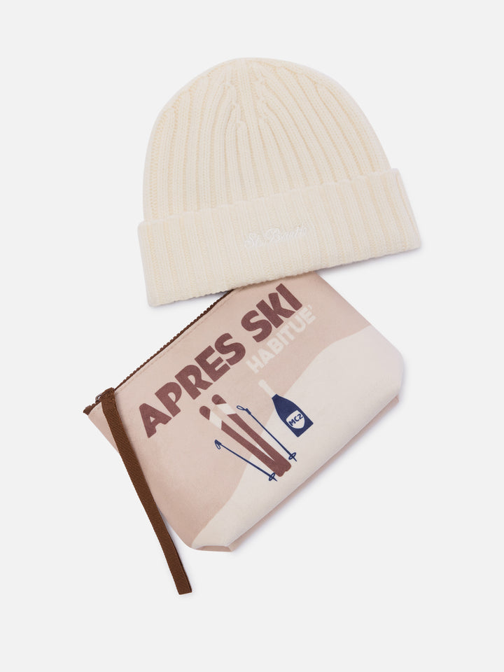 Pochette with Après Ski print and beige beanie set
