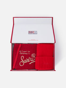Ensemble Pochette avec broderie Merry Christmas et bonnet rouge 