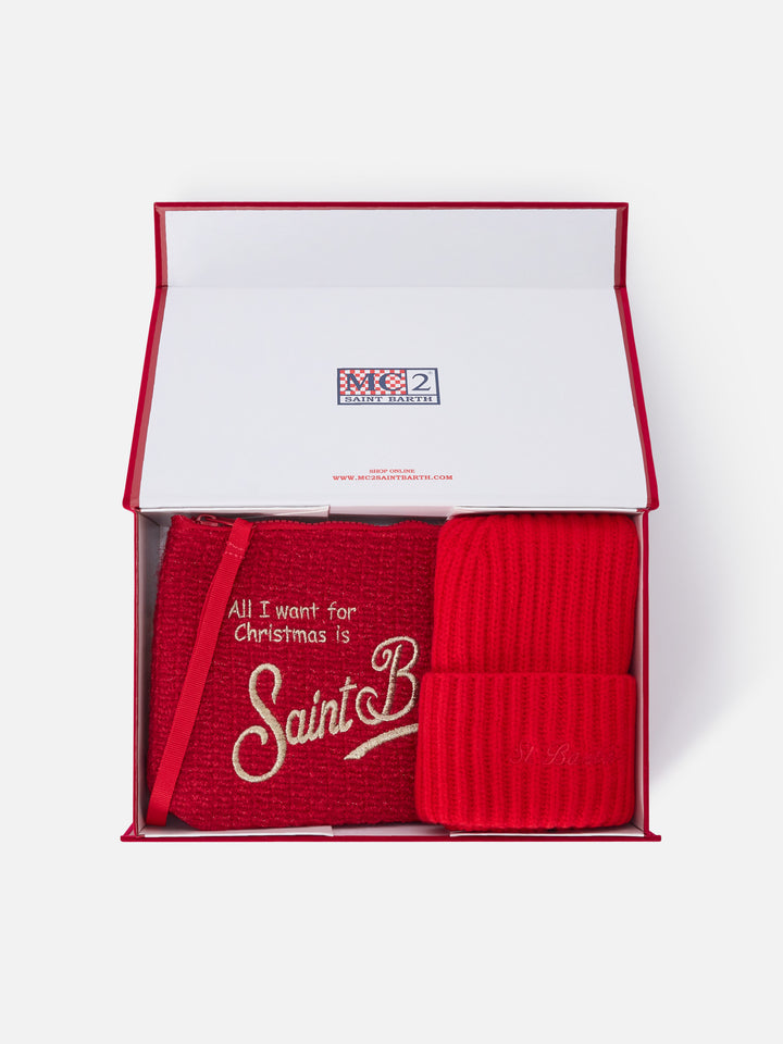 Ensemble Pochette avec broderie Merry Christmas et bonnet rouge 