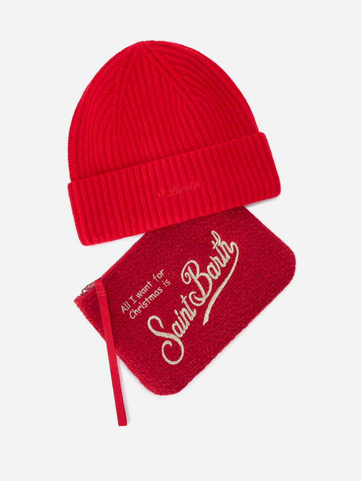 Ensemble Pochette avec broderie Merry Christmas et bonnet rouge 
