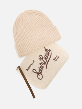 Set pochette beige in teddy e berretto beige