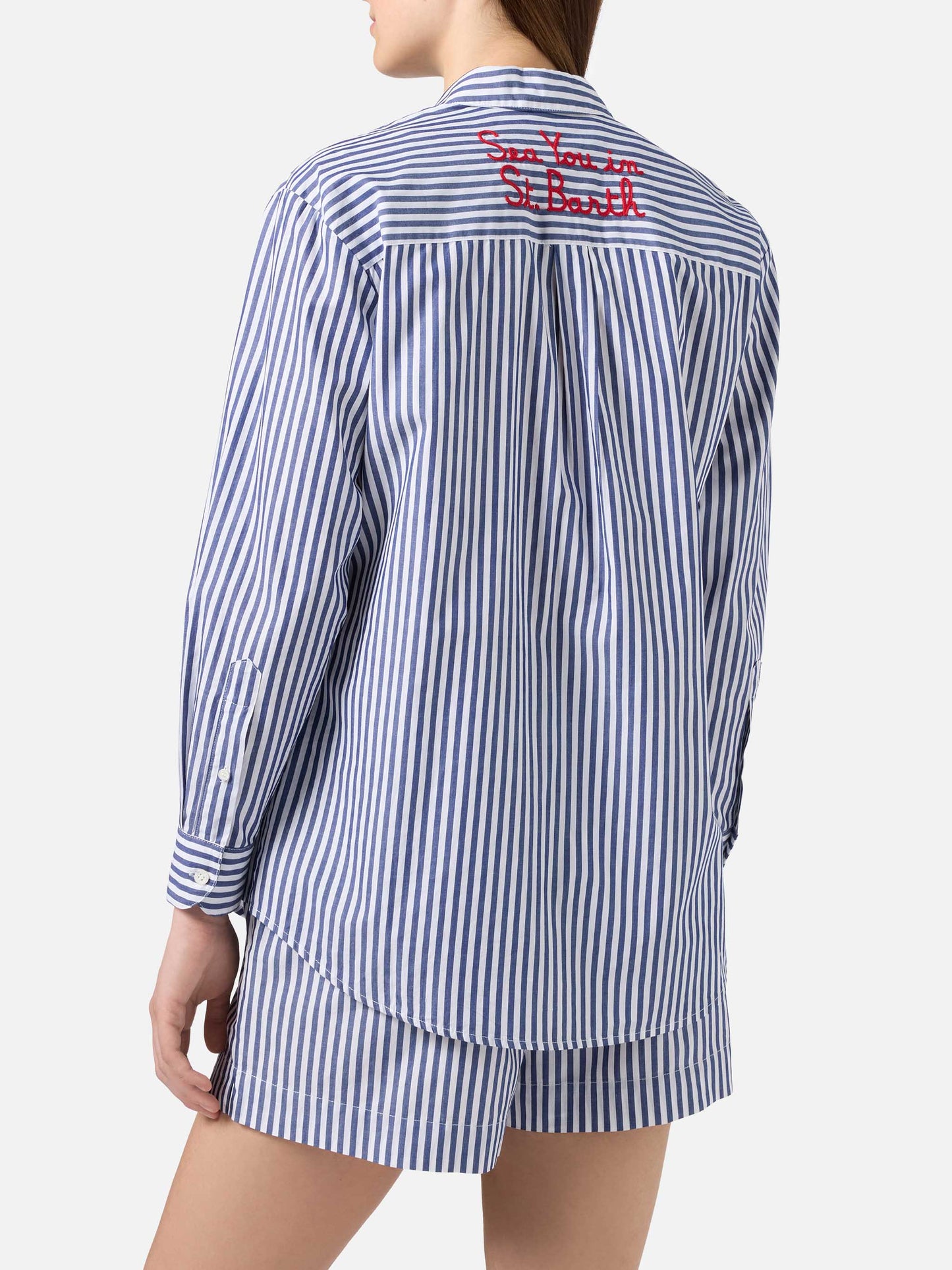 Camisa Brigitte con rayas azules y bordado See You In Saint Barth 
