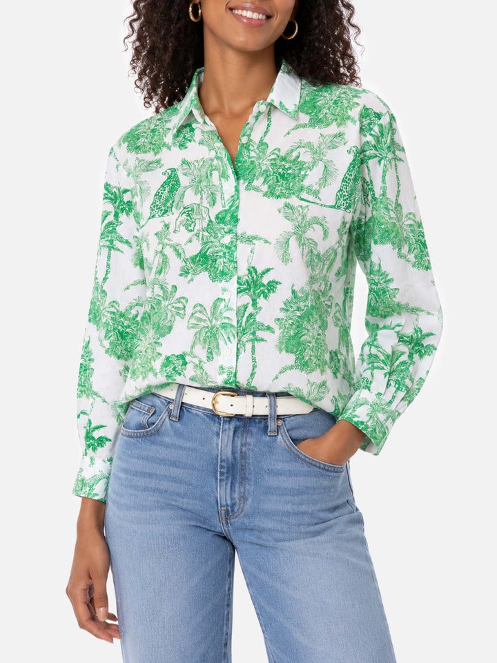 Brigitte grüne Baumwollbluse mit Toile-de-Jouy-Muster 