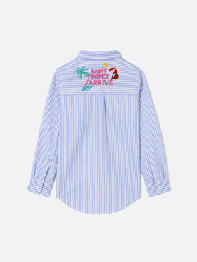 Light blue Mini Brigitte seersucker shirt with Tropez j'arrive embroidery
