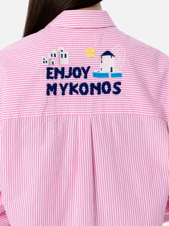 Woman striped seeruscker cotton over shirt Brigitte with front and back Mykonos embroidery - MC2 Saint Barth