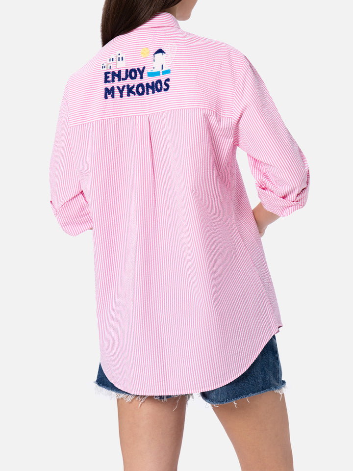 Woman striped seeruscker cotton over shirt Brigitte with front and back Mykonos embroidery - MC2 Saint Barth