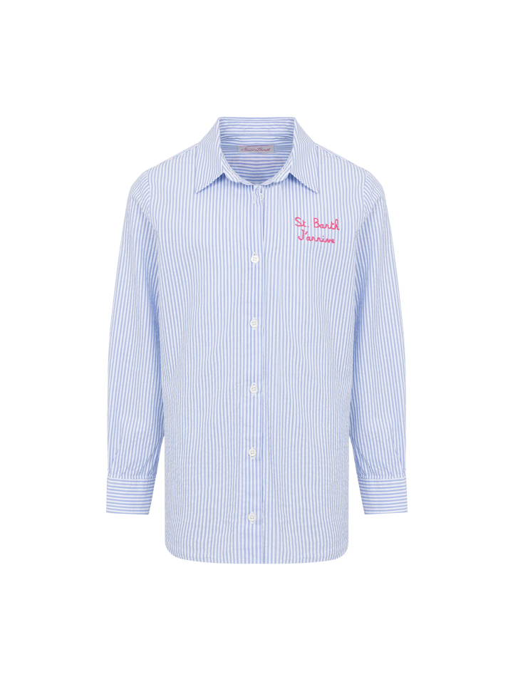 Mini Brigitte light blue striped seersucker shirt with Snoopy print | SNOOPY PEANUTS® SPECIAL EDITION - MC2 Saint Barth
