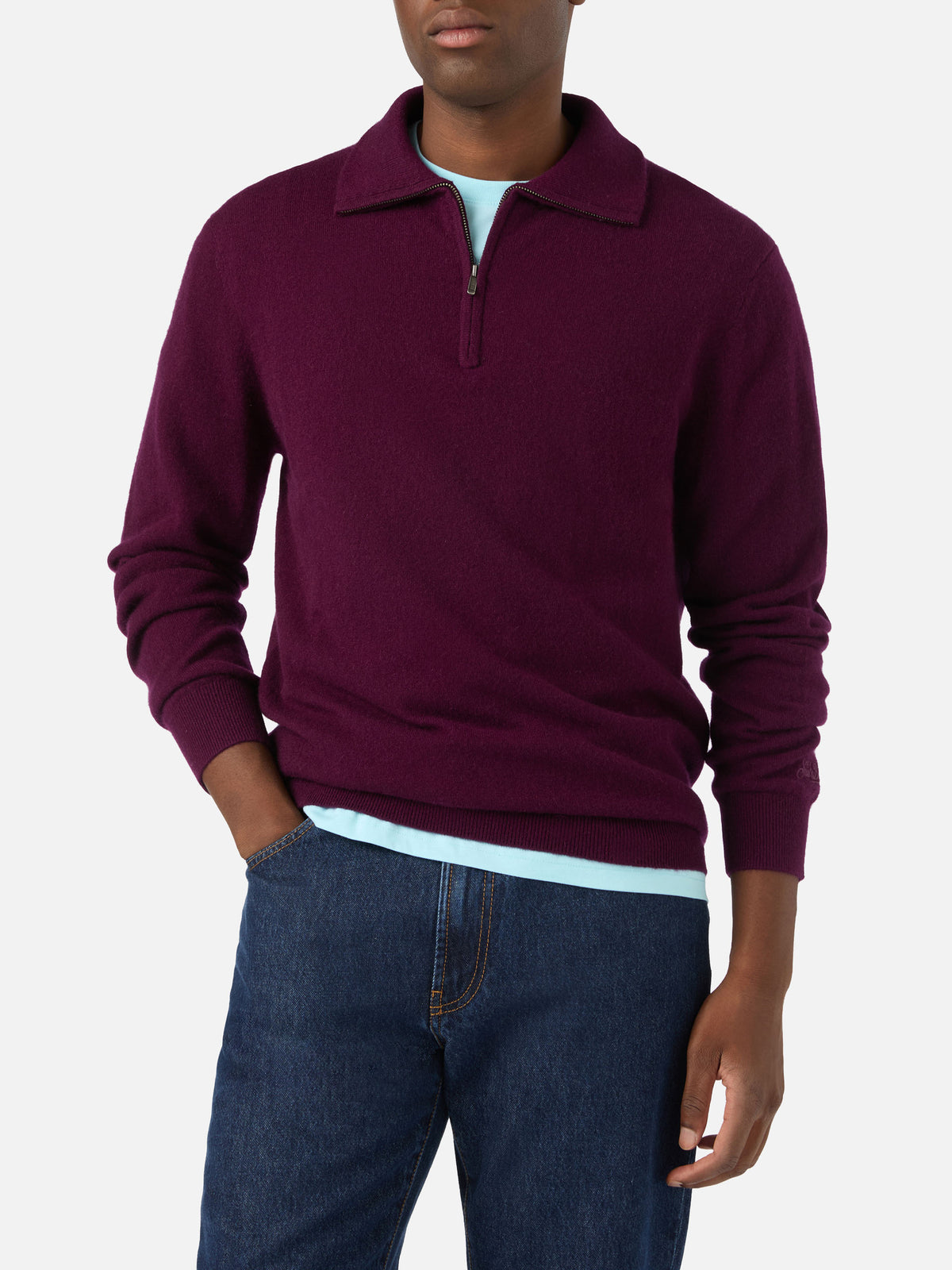 Burgundy Buck cashmere half zip knit
