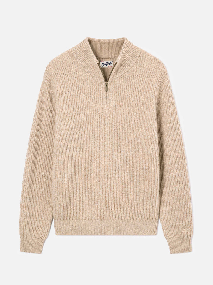 Beige Buck wool half zip knit with mouliné rib