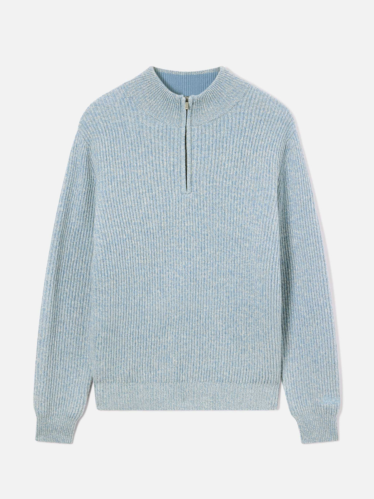 Jersey de punto de media cremallera de lana Buck Light blue con canalé mouliné 