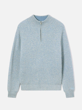 Jersey de punto de media cremallera de lana Buck Light blue con canalé mouliné 