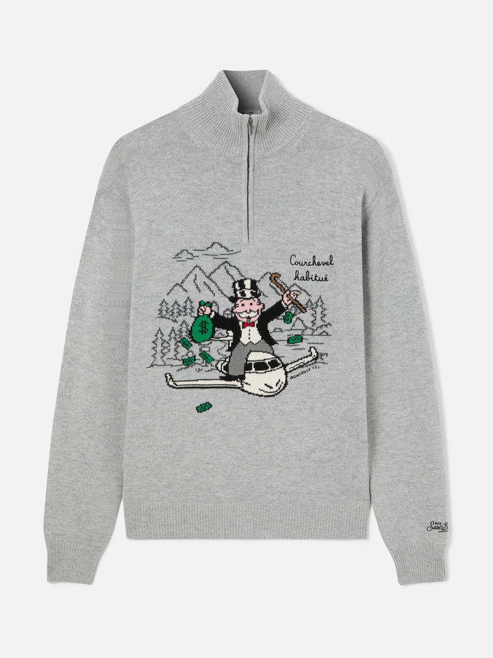 Maglia Buck grigia con mezza zip, intarsio e ricamo Monopoly | Special edition