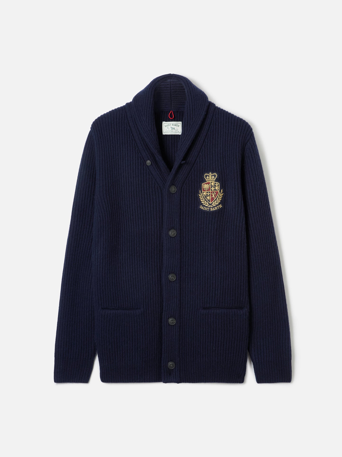 Burford blue ribbed shawl collar cardigan with patch