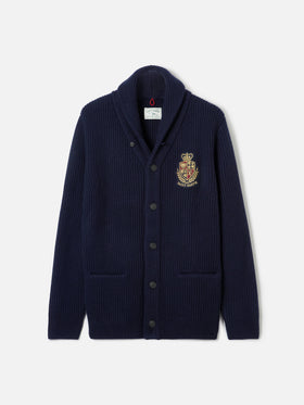 Burford blue ribbed shawl collar cardigan with patch