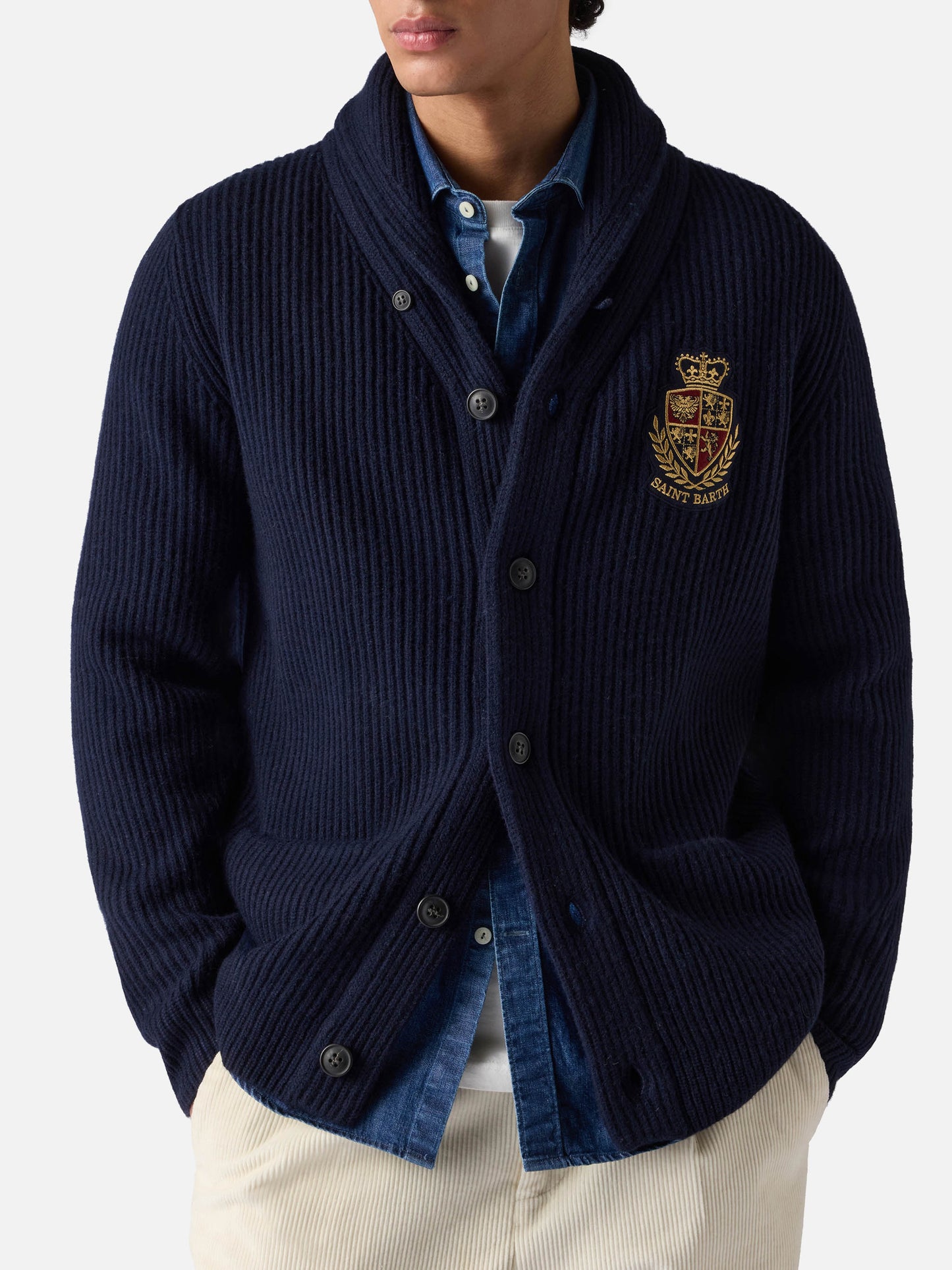 Burford blue ribbed shawl collar cardigan with patch