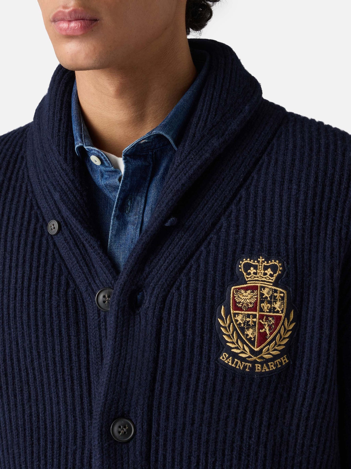 Burford blue ribbed shawl collar cardigan with patch