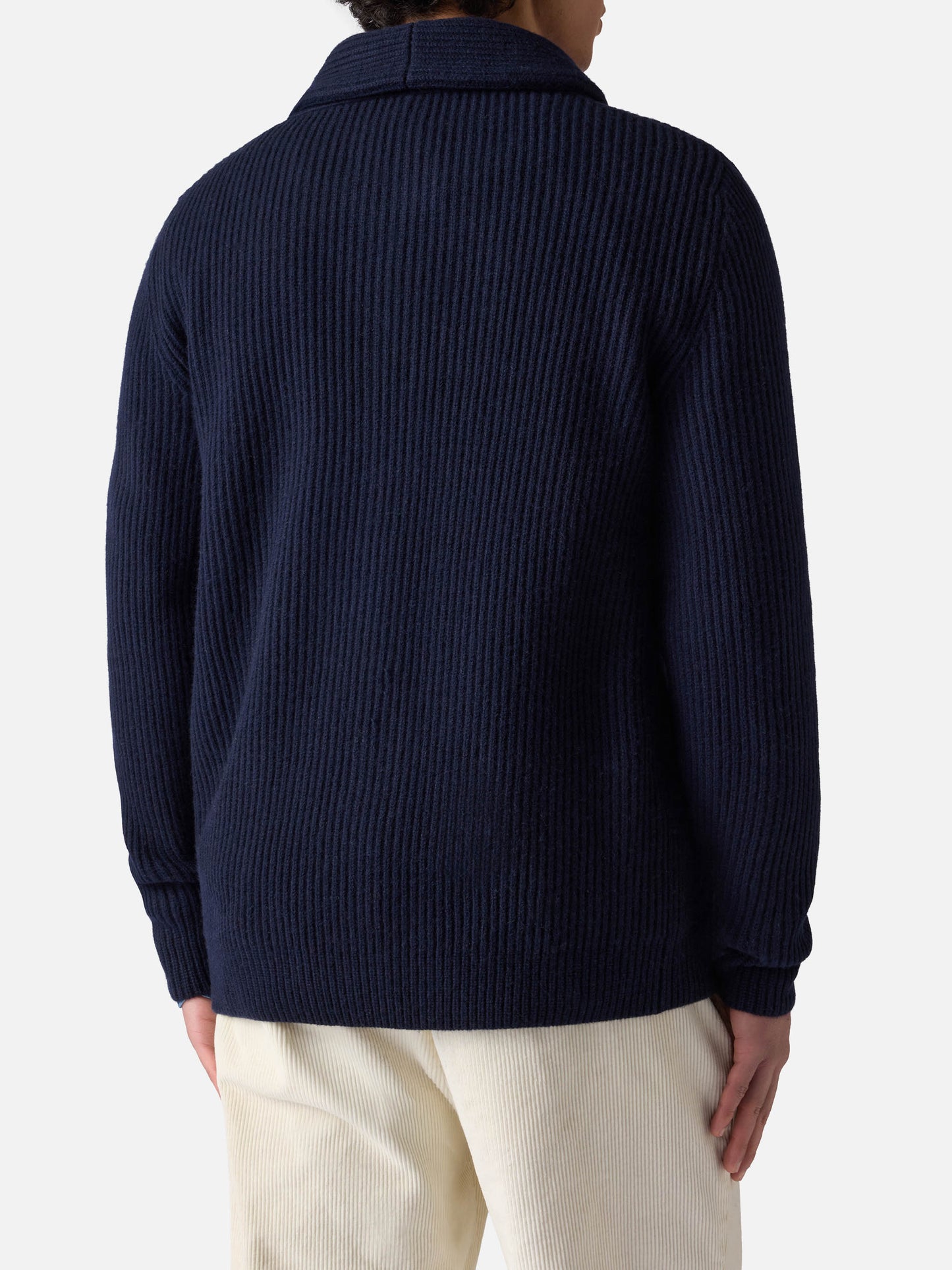 Burford blue ribbed shawl collar cardigan with patch