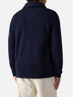 Burford blue ribbed shawl collar cardigan with patch