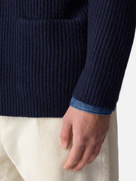 Burford blue ribbed shawl collar cardigan with patch