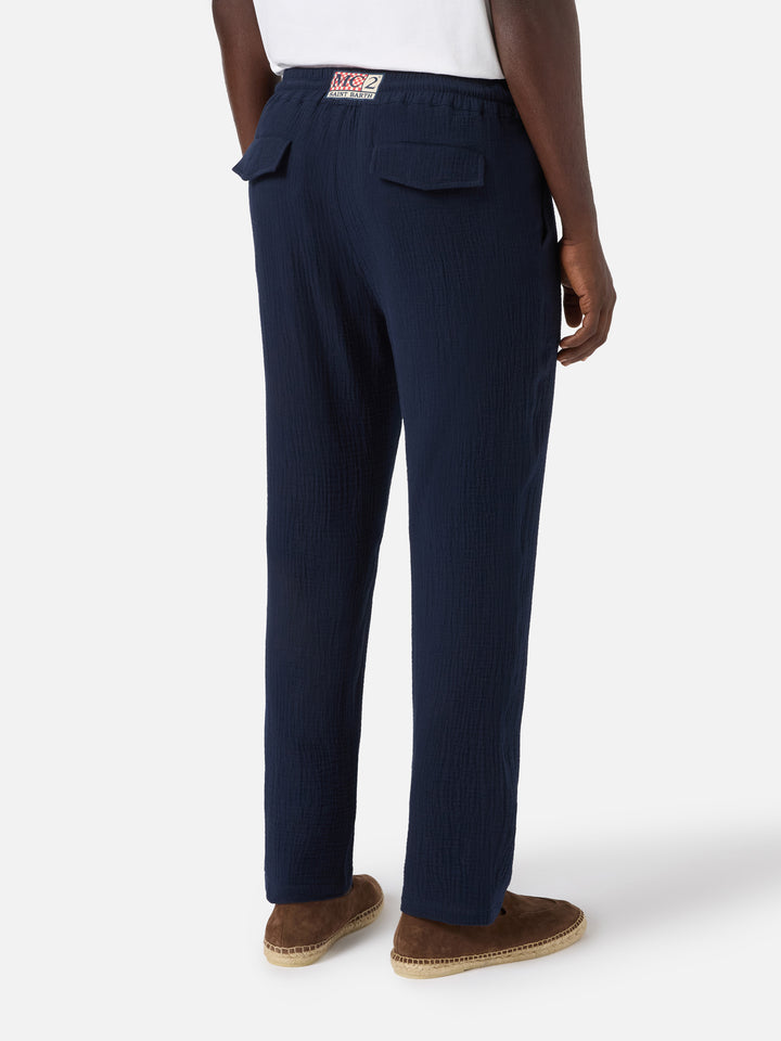 Pantalone Calais lungo in garza di puro cotone blu navy