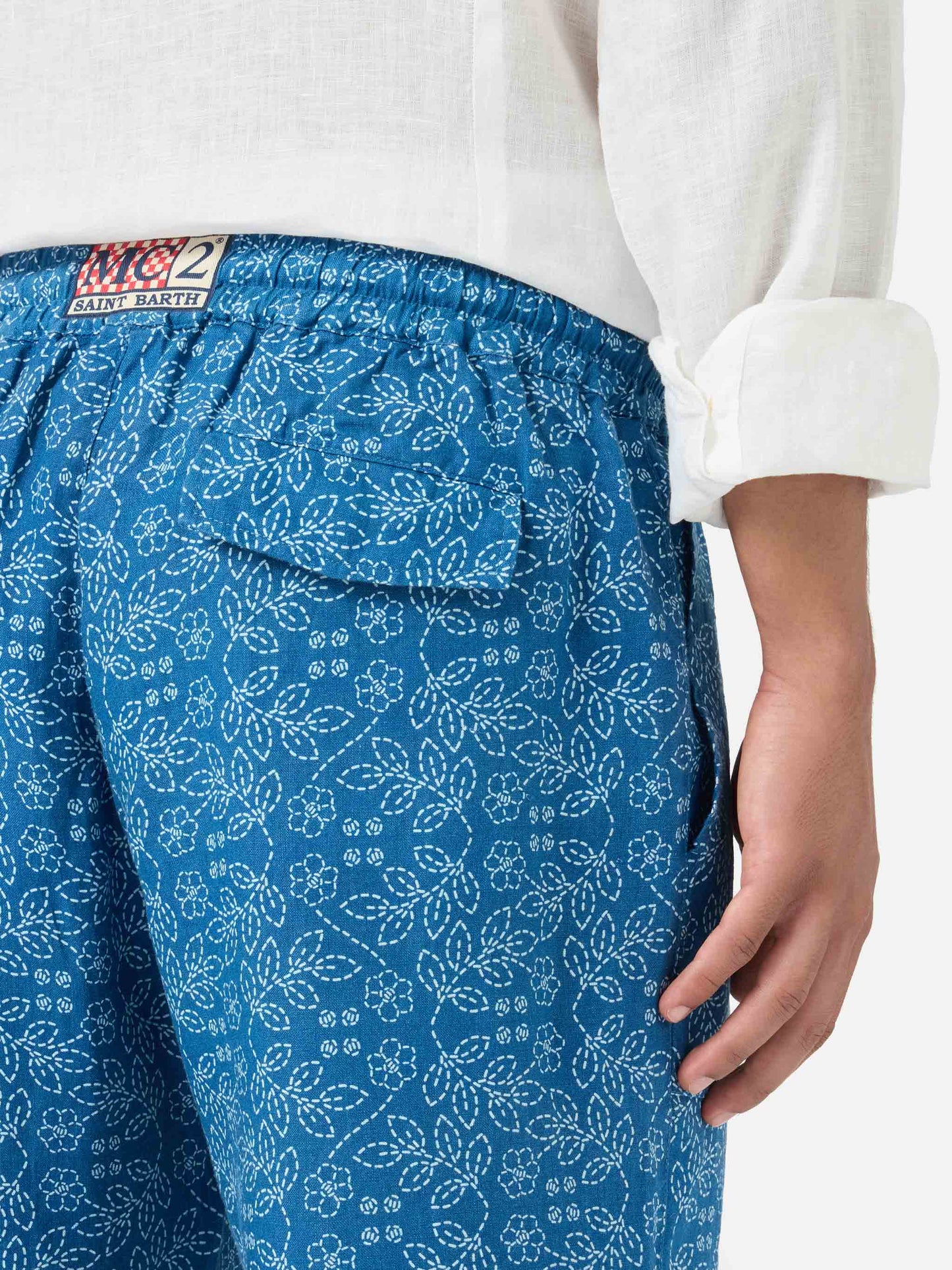 Pantalone Calais in lino fantasia sashiko blu